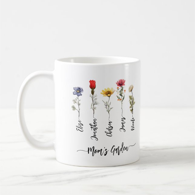 Caneca De Café Nome Personalizado do Jardim da mãe Script Wildflo (Esquerda)