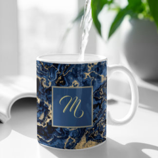 Caneca De Café Nome Personalizado Do Marble Elegante Azul E Doura