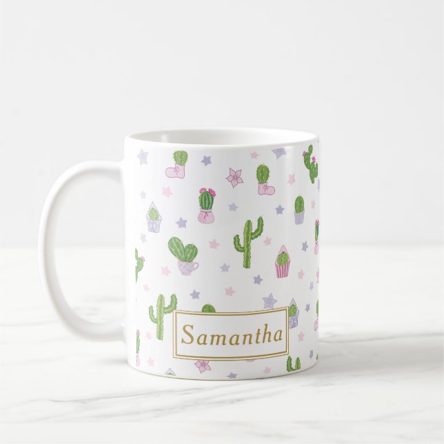 Caneca De Café Nome Personalizado do Padrão Cactus Cute (Esquerda)