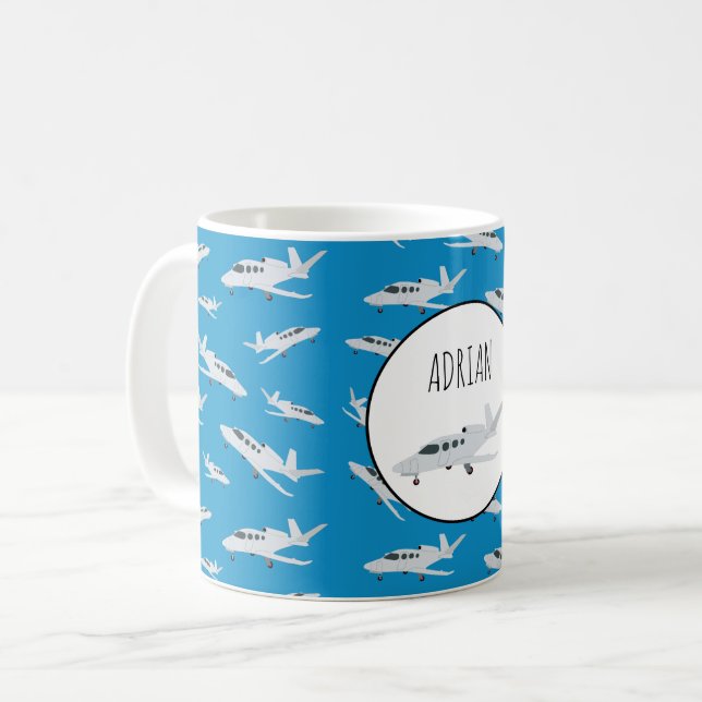 Caneca De Café Nome Personalizado do Padrão do Avião Jet (Frente Esquerda)