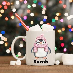Caneca De Café Nome Personalizado do Pinguin de Chapéu Rosa Perso