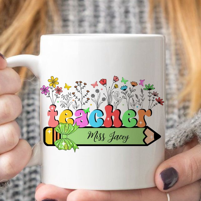 Caneca De Café Nome personalizado do professor de flor selvagem,  (Wildflower Teacher Name, Custom Teacher name, Personalized Teacher, Gift for Teacher mug)