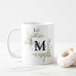 Caneca De Café Nome Personalizado e Mug Inicial com Greenery