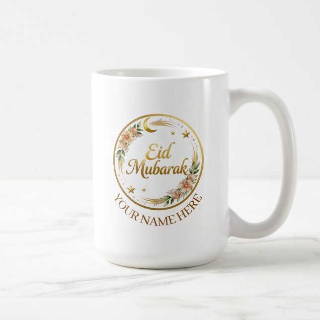 Caneca De Café Nome Personalizado Eid Mubarak Floral Lua Dourada (Direita)