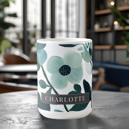 Caneca De Café Nome Personalizado Elegantes Flores Aquáticas Azui