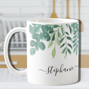 Caneca De Café Nome Personalizado Eucalyptus Greenery