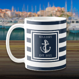 Caneca De Café Nome Personalizado Faixa Azul Marinho Âncora Náuti