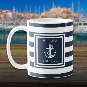 Caneca De Café Nome Personalizado Faixa Azul Marinho Âncora Náuti