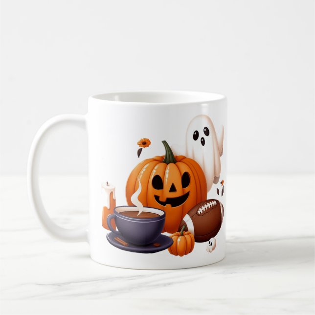 Caneca De Café Nome personalizado fantasma de Halloween, futebol (Esquerda)