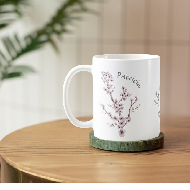 Caneca De Café Nome personalizado Flor de Cereja da Natureza Cuta (Criador carregado)