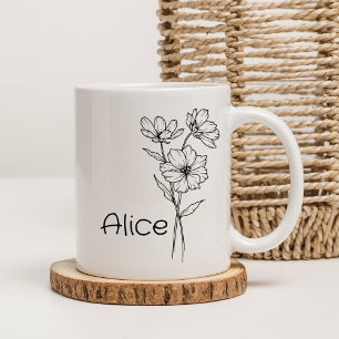 Caneca De Café Nome Personalizado Floral Branco e Preto Delicado
