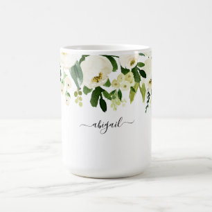 Caneca De Café Nome Personalizado Floral Branco Elegante 
