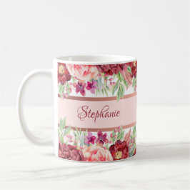 Caneca De Café Nome Personalizado Floral da Faixa Rosa Burgundy