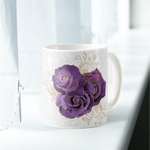 Caneca De Café Nome Personalizado Floral de Rosas Roxos bonito