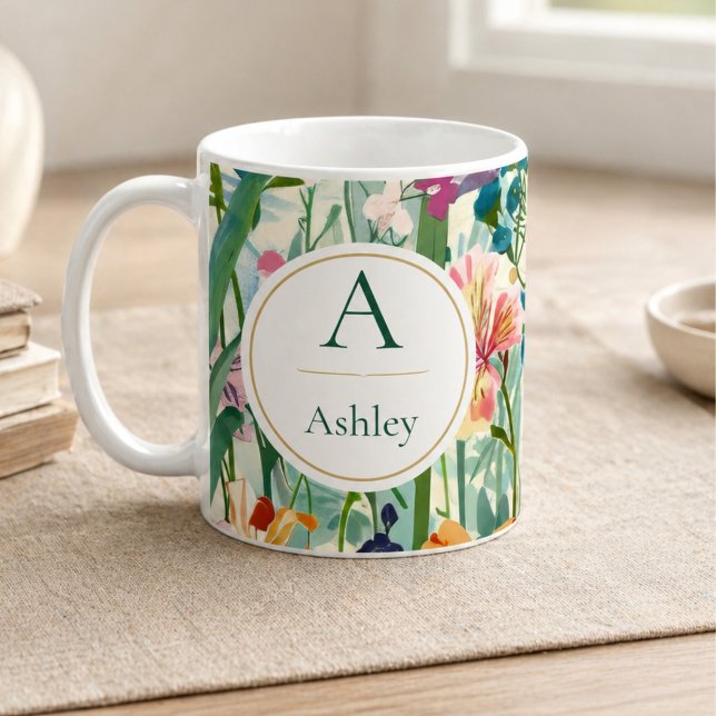 Caneca De Café Nome Personalizado Floral Elegante (Criador carregado)