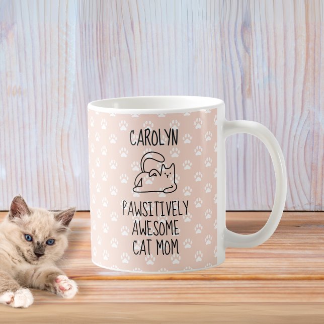 Caneca De Café Nome Personalizado Gato Fantástico Pawsitivamente  (Custom Name Pawsitively Awesome Cat Mom Coffee Mug)