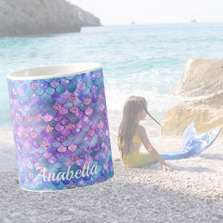 Caneca De Café Nome Personalizado Glitter Escalas de Sereia Roxo