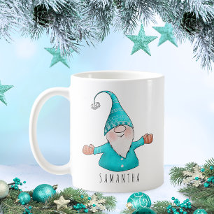 Caneca De Café Nome Personalizado Gnome Cute Teal Blue Natal