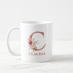 Caneca De Café Nome Personalizado Inicial Floral Monograma Elegan
