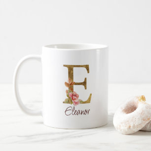 Caneca De Café Nome Personalizado Letra E Folha Dourada Rosas Ros