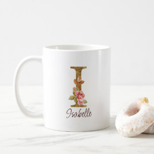 Caneca De Café Nome Personalizado Letra I Folha Dourada Rosa Bege