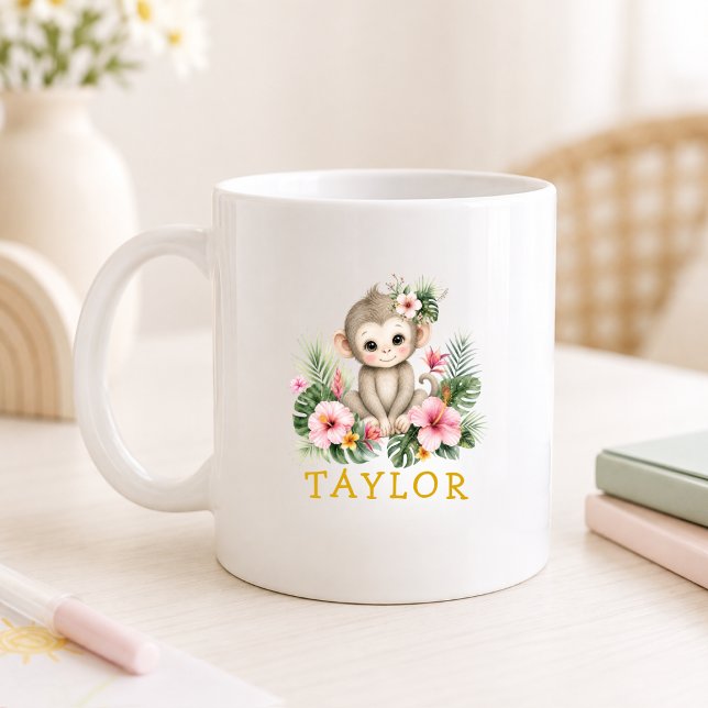 Caneca De Café Nome Personalizado Macaco Bebê Safari Selva (Custom Name Baby Monkey Safari Jungle Coffee Mug)