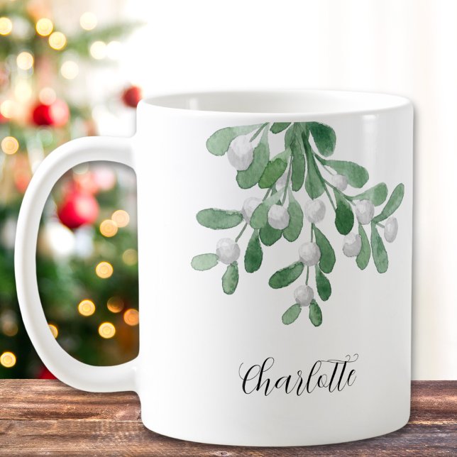 Caneca De Café Nome Personalizado Mistletoe Greenery (Criador carregado)