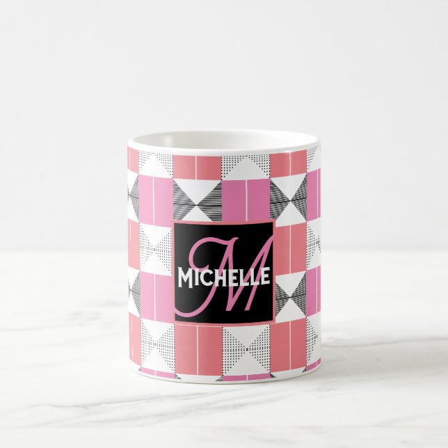 Caneca De Café Nome Personalizado Moderno Rosa e Preto Geométrico (Centro)