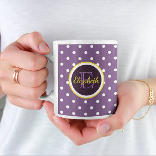 Caneca De Café Nome Personalizado & Monograma Bolinhas Roxa