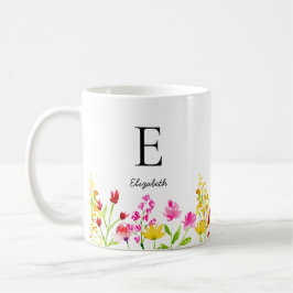 Caneca De Café Nome Personalizado Monograma Flores Selvagens Aqua