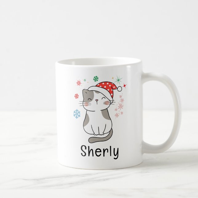 Caneca De Café Nome Personalizado Natal Gatinho Fofo (Direita)