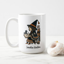 Caneca De Café Nome Personalizado ou Texto com Bruxa Estudando