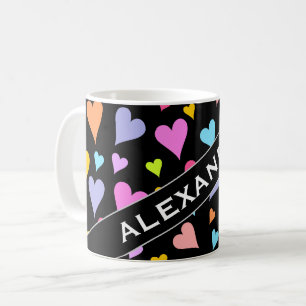 Caneca De Café Nome Personalizado + Padrão de Coração Colorida
