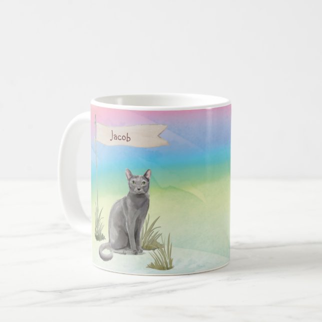 Caneca De Café Nome Personalizado Pet de Gato Russo Azul (Frente Esquerda)