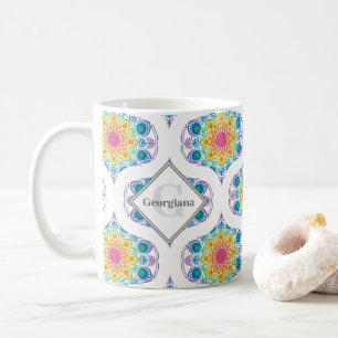Caneca De Café Nome Personalizado Rainbow Floral Mandala Retro Og