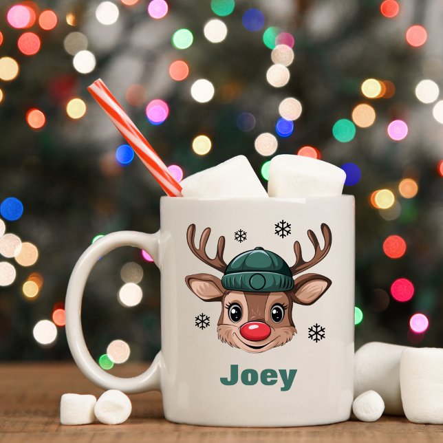 Caneca De Café Nome Personalizado Reindeer Green Beanie (Personalized Name Christmas Reindeer Green Beanie Coffee Mug
)