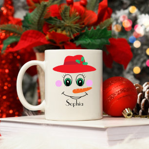 Caneca De Café Nome Personalizado Snowman Red Hat
