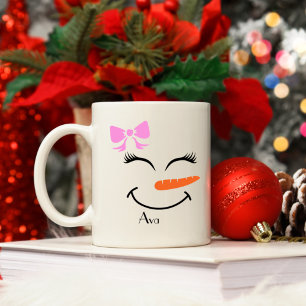 Caneca De Café Nome Personalizado Snowman Snowgirl Arco Rosa