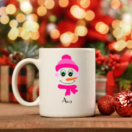 Caneca De Café Nome personalizado Snowman Snowgirl Pink Hat and S