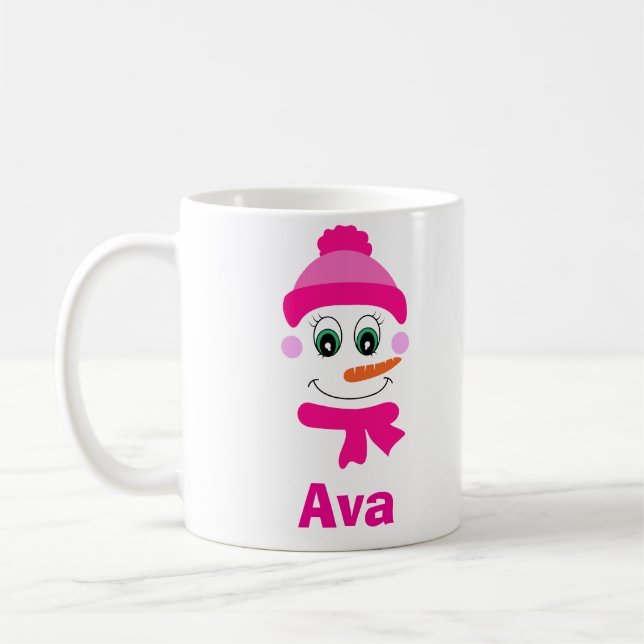 Caneca De Café Nome personalizado Snowman Snowgirl Pink Hat and S (Esquerda)