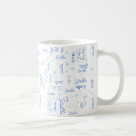 Caneca De Café Nome personalizado Stella, corações azuis e estrel