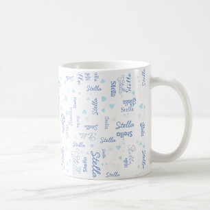 Caneca De Café Nome personalizado Stella, corações azuis e estrel