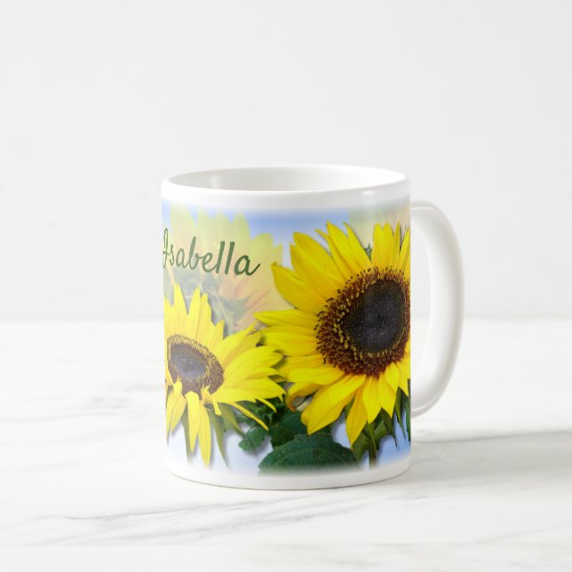 Caneca De Café Nome Personalizado Sunny Sunflower (Frente Esquerda)