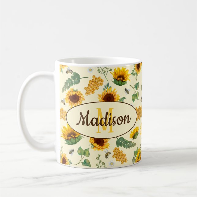 Caneca De Café Nome Personalizado Texto Mug Girassóis Abelhas de  (Esquerda)