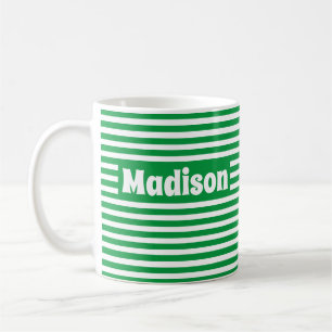 Caneca De Café Nome Personalizado Verde e Branco com faixas simpl