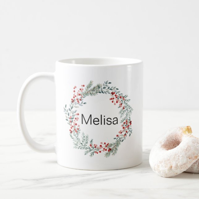 Caneca De Café Nome personalizado Wreath de Natal (Com Donut)
