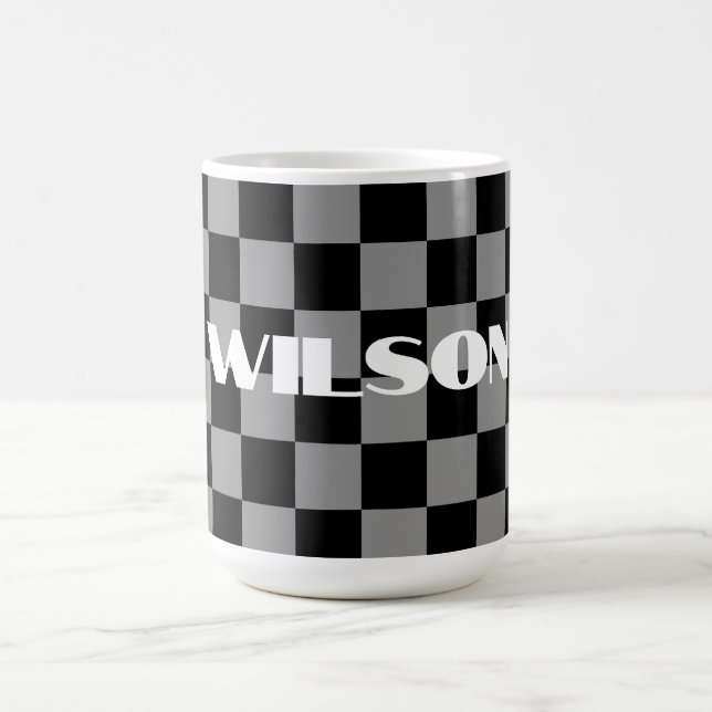 Caneca De Café nome personalizado xadrez cinza e preto  (Centro)
