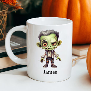 Caneca De Café Nome Personalizado Zombie Verde Halloween