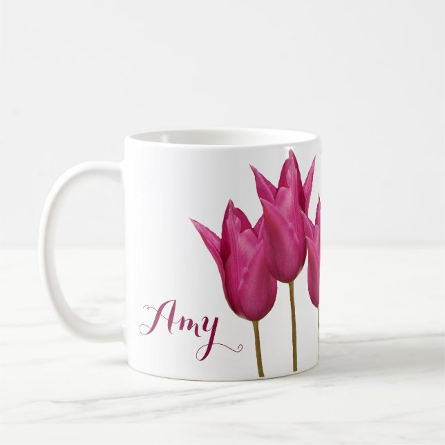 Caneca De Café Nome personalizável Amy bonito rosa tulipas florai (Esquerda)
