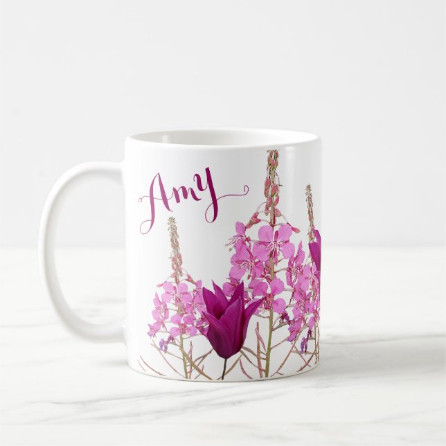 Caneca De Café Nome personalizável Amy pink flores boho diversão  (Esquerda)
